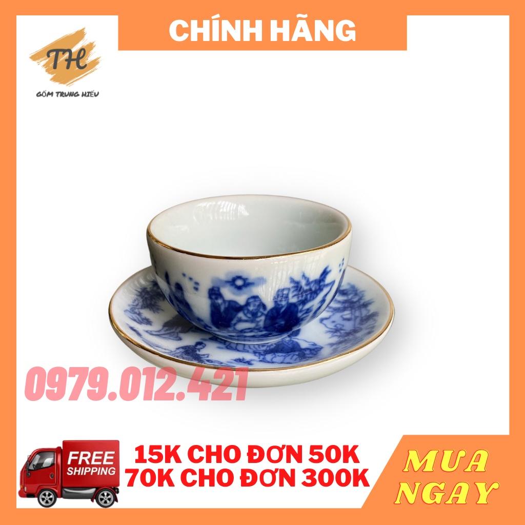 Bộ ấm chén Bát Tràng men lam Quả hồng kẻ chỉ vàng
