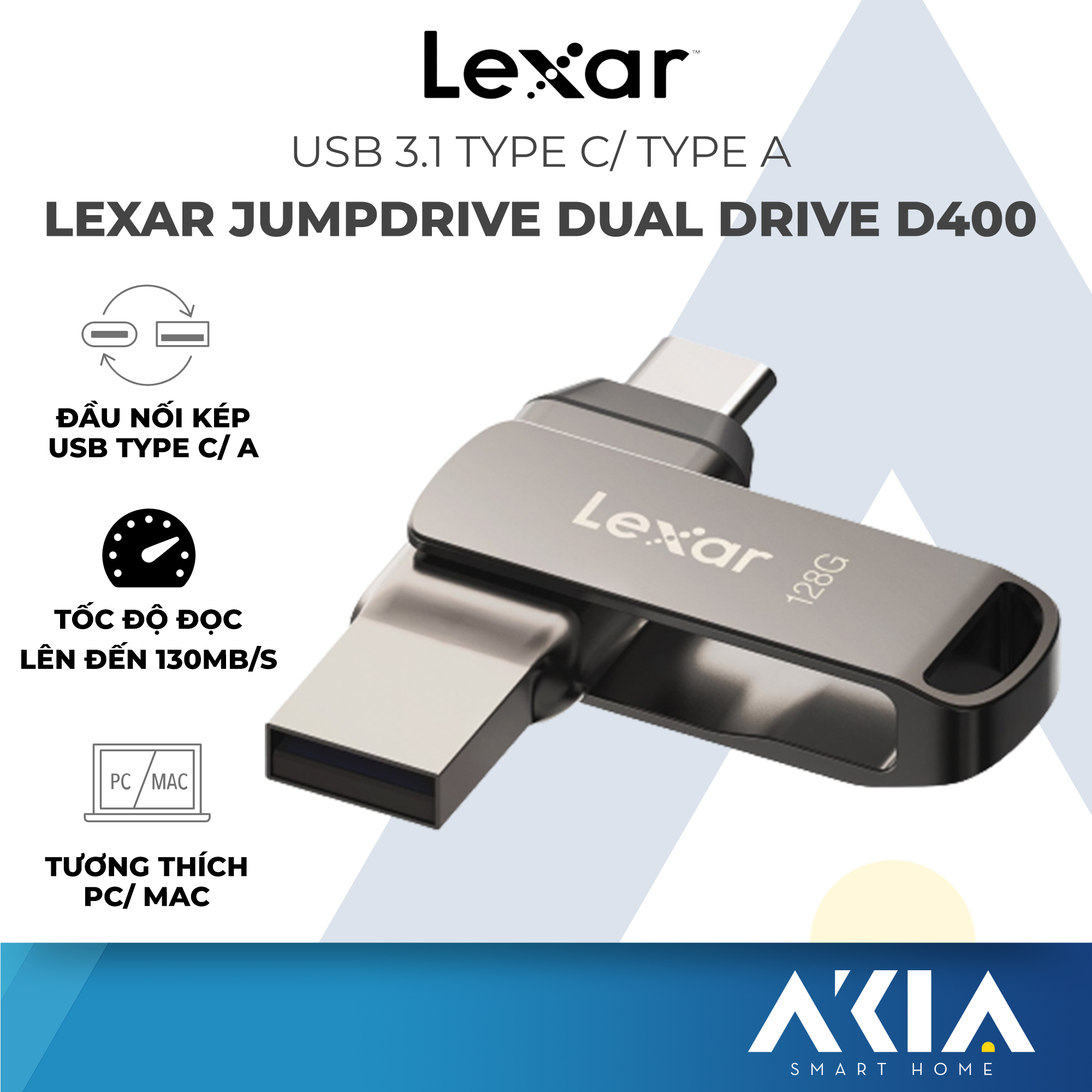 USB Lexar JumpDrive Dual Drive D400 Type-C / Type-A - USB 3.1 64G / 128GB, tốc độ đọc 130Mb/s, tương thích MAC / PC - Hàng chính hãng