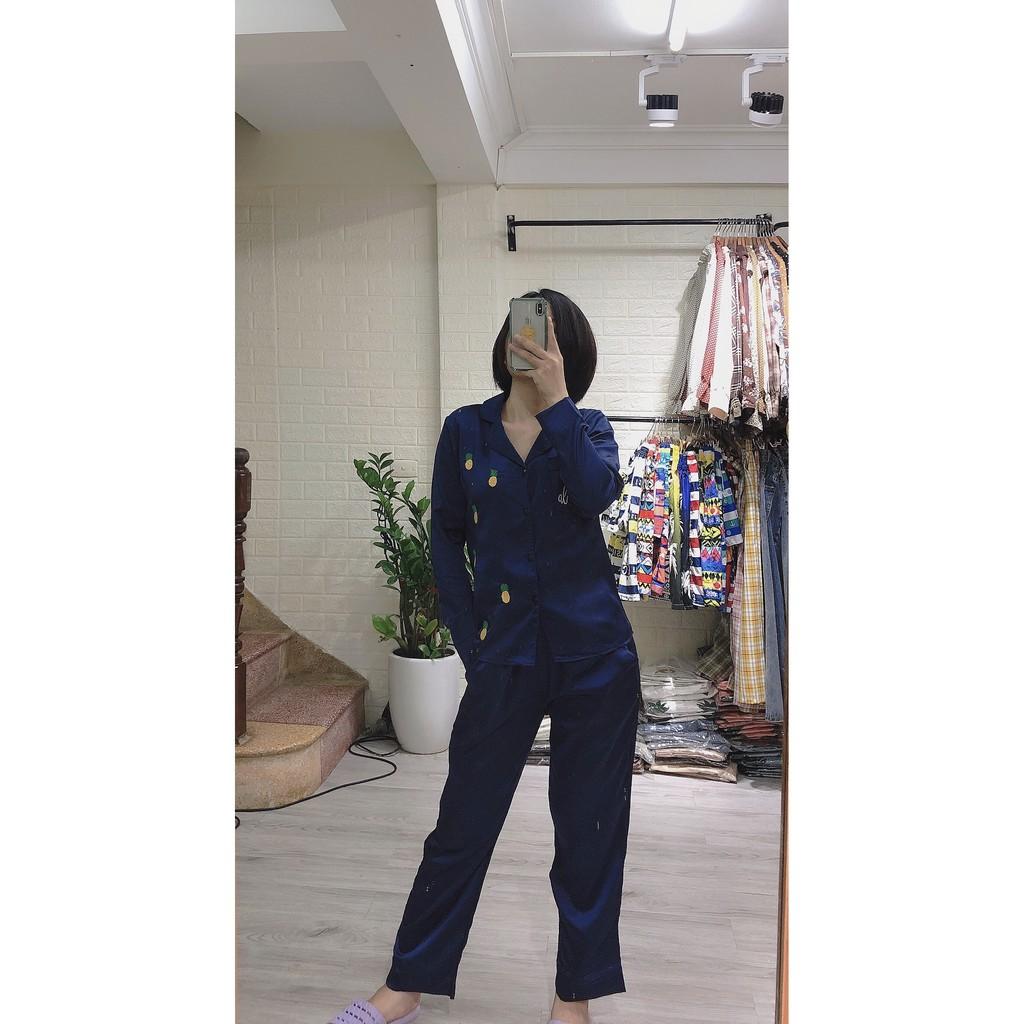 Bộ ngủ lụa Pijama mặc ở nhà họa tiết dứa nhí chất lụa Satin ( Ảnh chụp thật 100%)