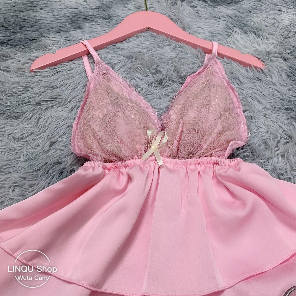 Đồ ngủ sexy 2 dây chất satin phối ren áo tầng mặc ngủ gợi cảm có mút ngực
