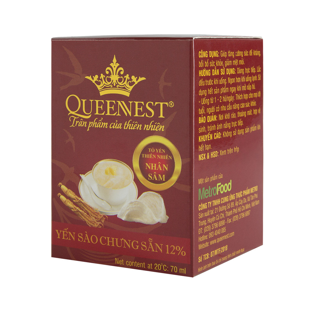 Yến sào chưng sẵn QUEENNEST 12% Nhân Sâm (Hũ 70ml)