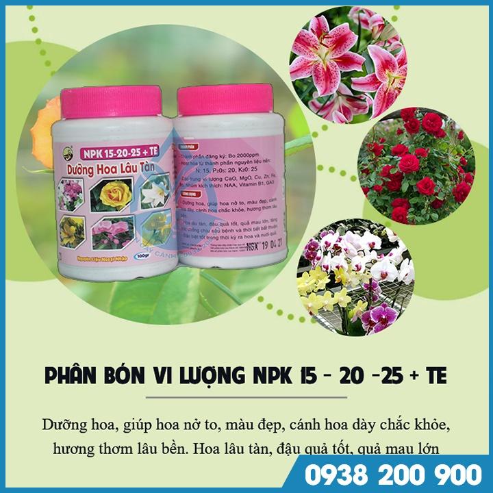 Phân bón vi lượng NPK 15-20-25 + TE chai 100g - Dưỡng hoa lâu tàn - Chuyên dùng cho hoa hồng, hoa lan, hoa kiểng, bonsai