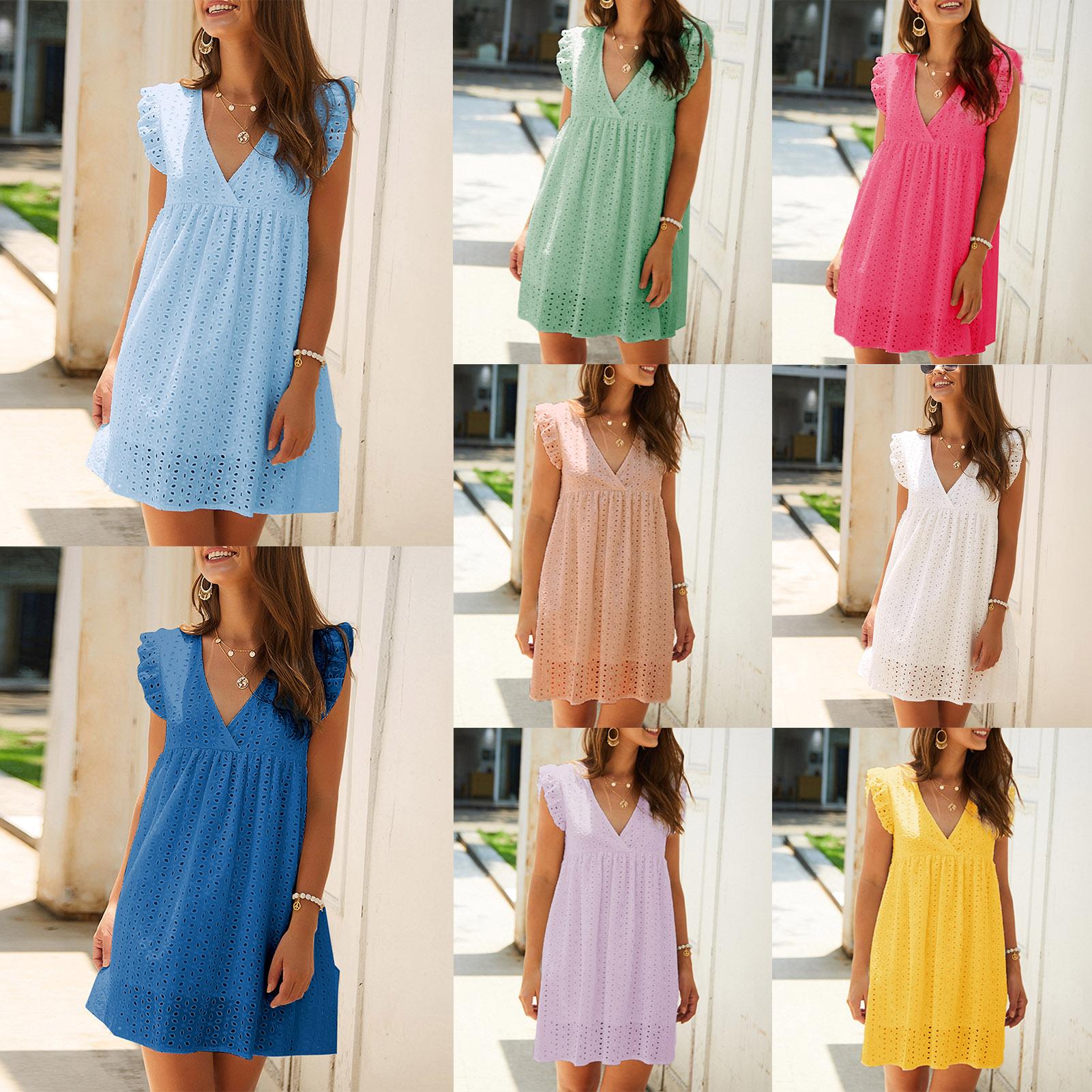 Fashion Women Solid Color Dress V Neck Short Sleeve Hollow Out Sweet Casual Summer Mini Dress