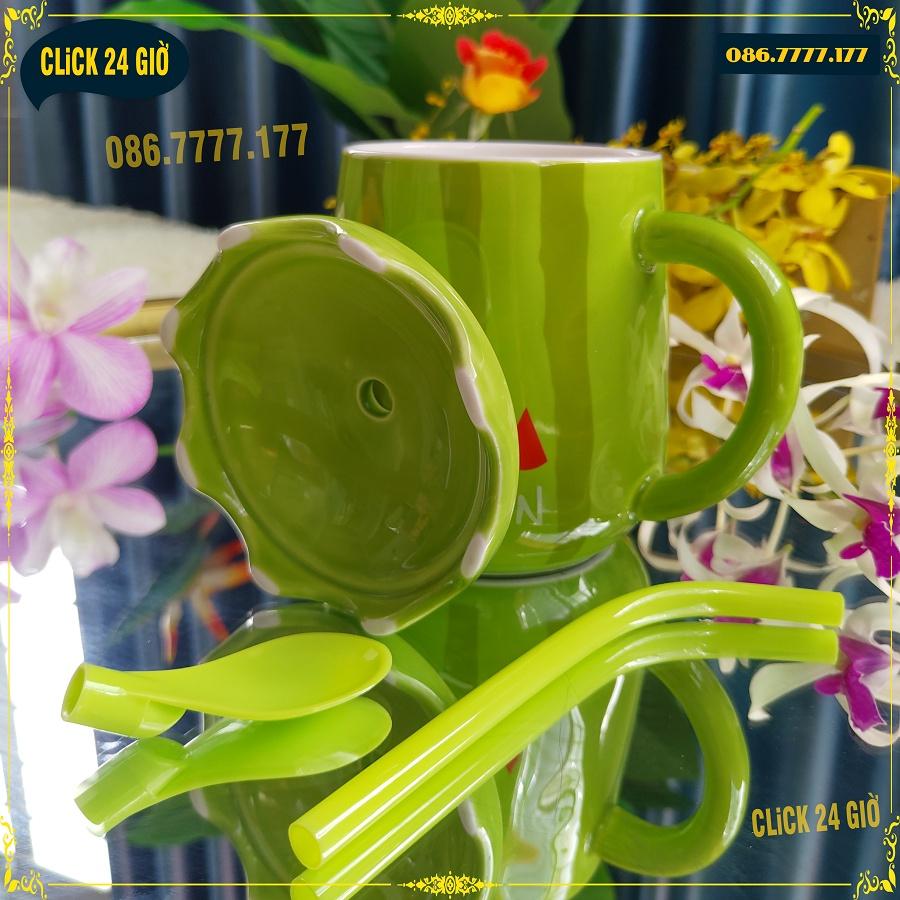 Cốc Hình Quả Dưa Hấu Gốm Sứ Khử Chì - Ly Uống nước Decor Size To Hình Trái Cây Siêu Đẹp Tặng Kèm Muỗng Và Ống Hút Đẹp