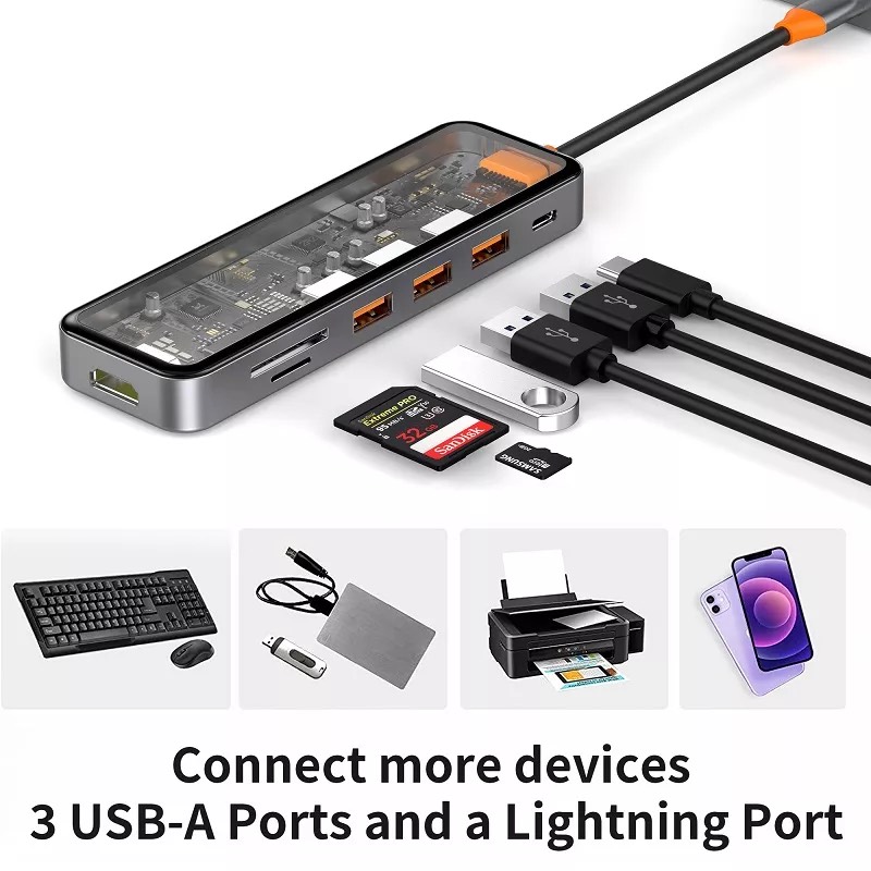 Hub Wiwu Cyber 7 in 1 CB007 USB3.0*3+SD/TF+HDMI+PD tương thích rộng rãi vơi máy tính bảng, máy tính xách tay và điện thoại di động, thiết kế trong suốt nhìn rõ từng chi tiết - Hàng chính hãng