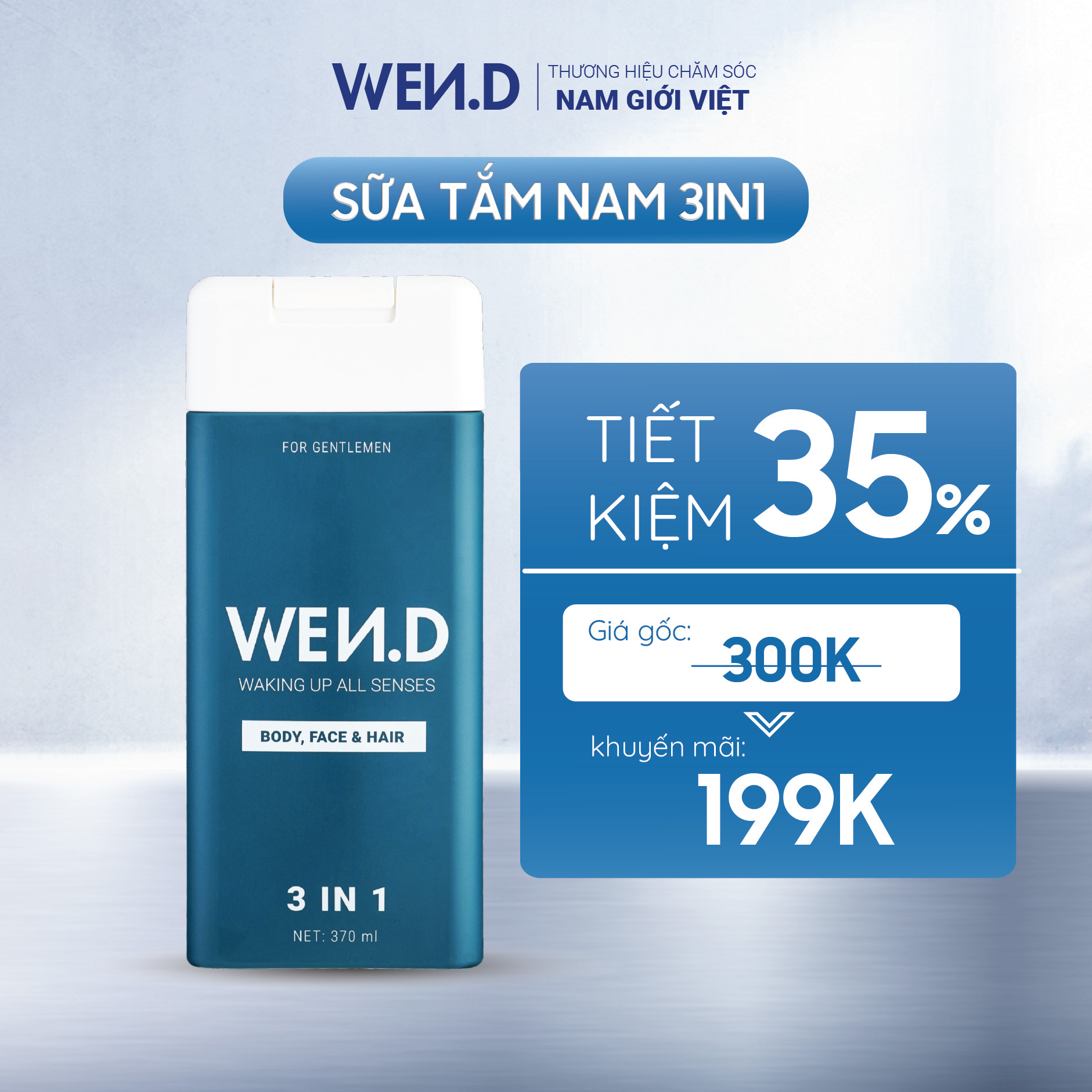 Sữa tắm nam 3in1 WEND tắm gội rửa mặt làm sạch hương nước hoa Pháp cao cấp lưu hương đến 24h dung tích 370ml