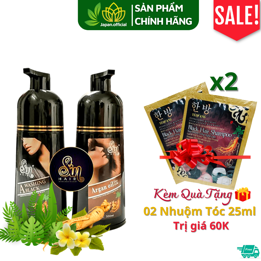 [CHÍNH HÃNG] Dầu Gội Đen Tóc Sin Hair Nhật Bản 500ml, Dầu Gội Nhuộm Tóc Nhân Sâm Nhật Bản Giúp Phủ Bạc Đen Tóc, 100% Thảo Dược Thiên Nhiên