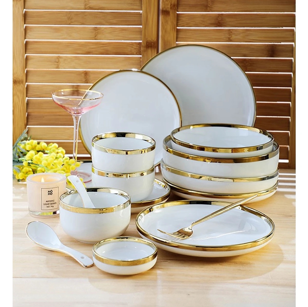 Bát đĩa 26 món. set bát 26 món màu trắng viền vàng - Sứ Cẩm Thạch Viền Vàng 24k Sang Trọng