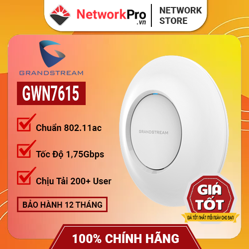 Bộ Phát WiFi Grandstream GWN7615 (Hàng Chính Hãng) - Hỗ Trợ 200+ User, Chuẩn AC MU-MIMO 1,75Gbps (Không Kèm Nguồn)