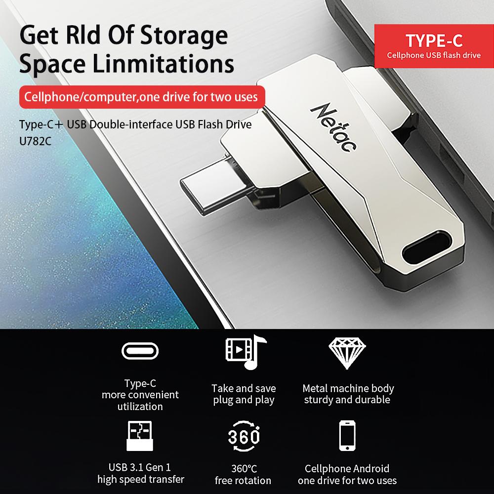 Netac U782C 64GB Type-C + USB Double Interface Ổ đĩa flash Plug & Play Điện thoại di động Mở rộng bộ nhớ U Disk