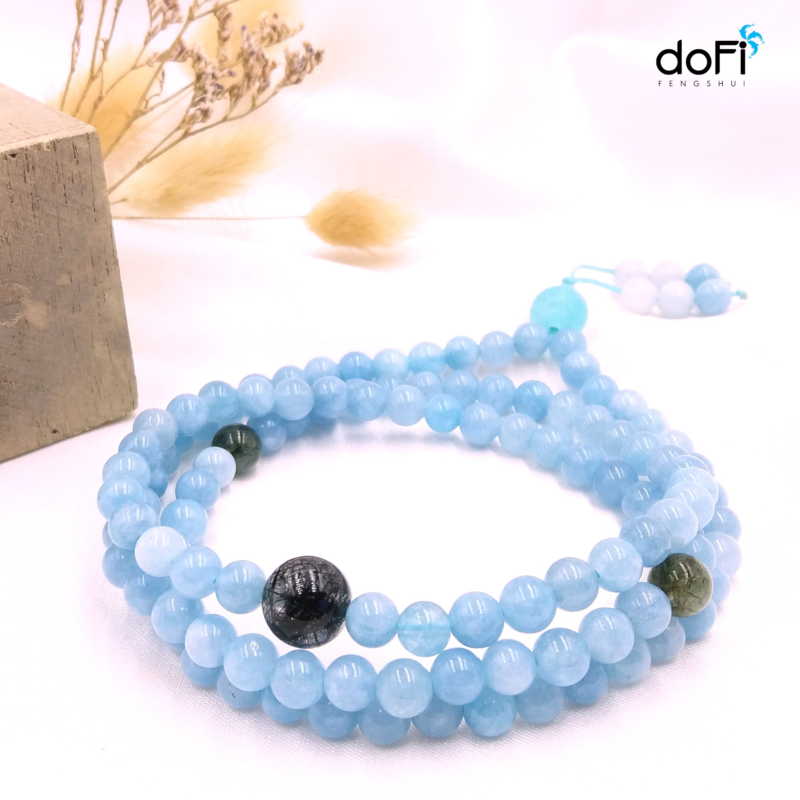 TRÀNG HẠT ĐÁ AQUAMARINE PHỐI THẠCH ANH TÓC