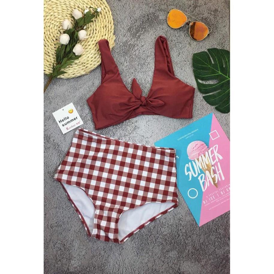 Bộ bikini đi biển cao cấp caro đỏ gạch