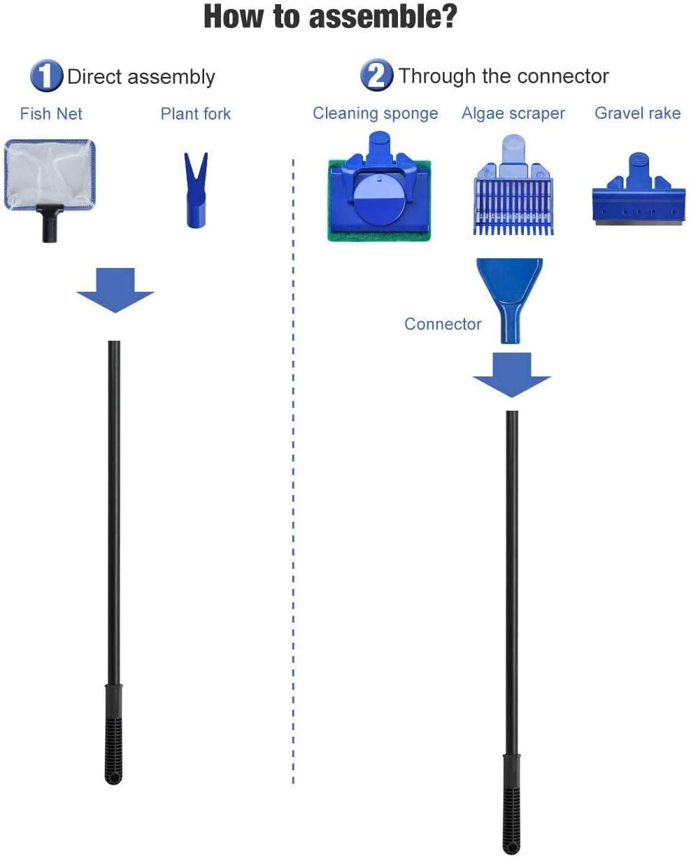 Bộ vệ sinh hồ cá, Dụng cụ làm sạch phụ kiện hồ cá 5 trong 1 với lưới cá, Cào sỏi, Bọt biển làm sạch, Dụng cụ nạo tảo, Nĩa trồng cây