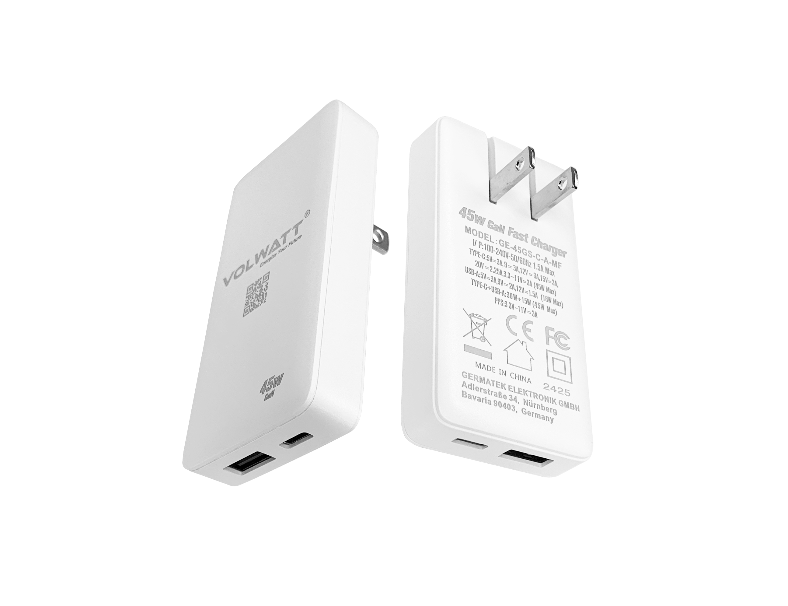 Củ sạc nhanh siêu mỏng Volwatt GE-45GS-C-A-MF 45W GaN Fast Charger  - Hàng Chính Hãng Full box