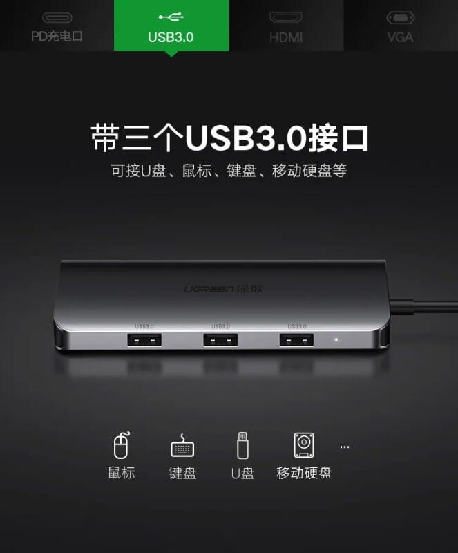 Ugreen UG50319CM163TK Bộ chuyển đổi TYPE C sang 3 USB 3.0 + HDMI + VGA + hỗ trợ nguồn TYPE C - HÀNG CHÍNH HÃNG