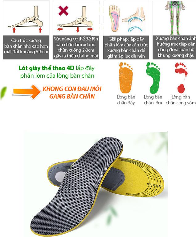 Lót giày thể thao 4D chất liệu EVA ép vải cotton pha sợi tinh than tre khử mùi và gót gel chống thốn gót chân DONIPK27