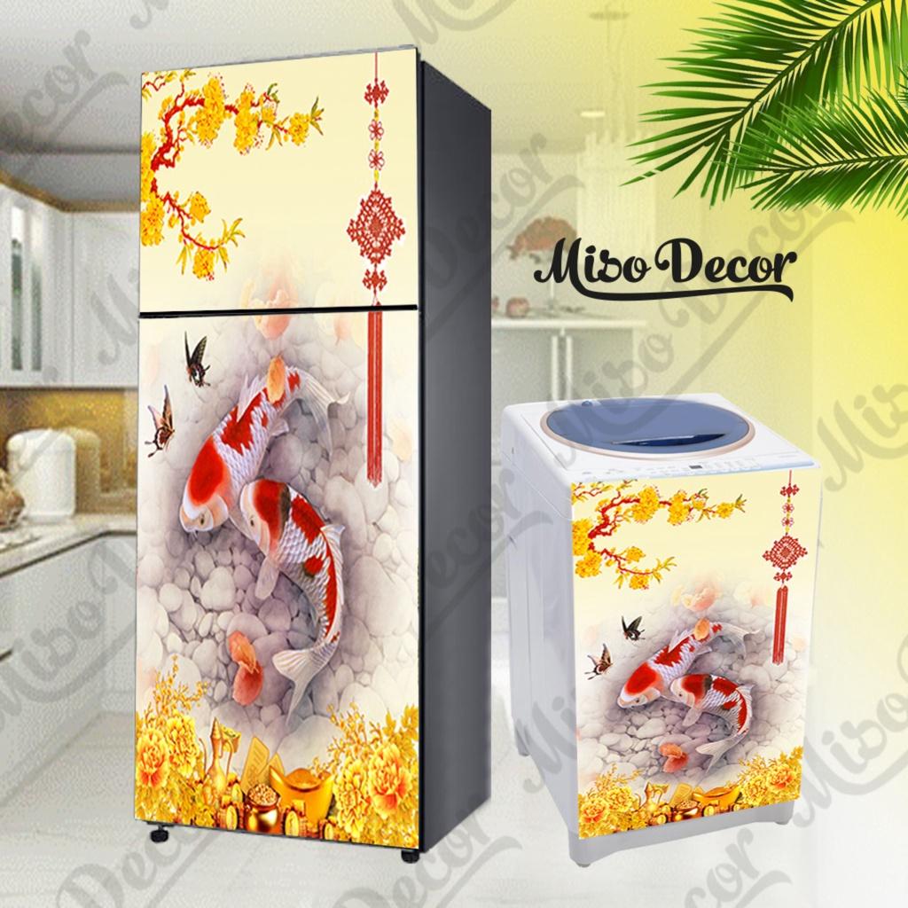 Tranh dán tủ lạnh, máy giặt decal 3D cao cấp - cá chép, song ngư, cửu ngư