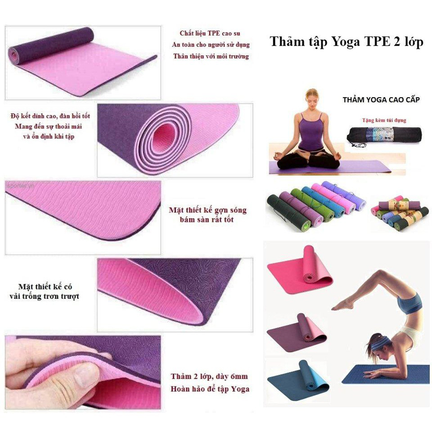 [ Dùng thử 14 ngày ] Thảm tập Yoga TPE 2 lớp 8mm dễ dàng vệ sinh bề mặt êm ái dầy dặn độ đàn hồi tốt không mùi có bám dính chống trơn trượt tính ổn định cao chất liệu cao su tự nhiên rất an toàn