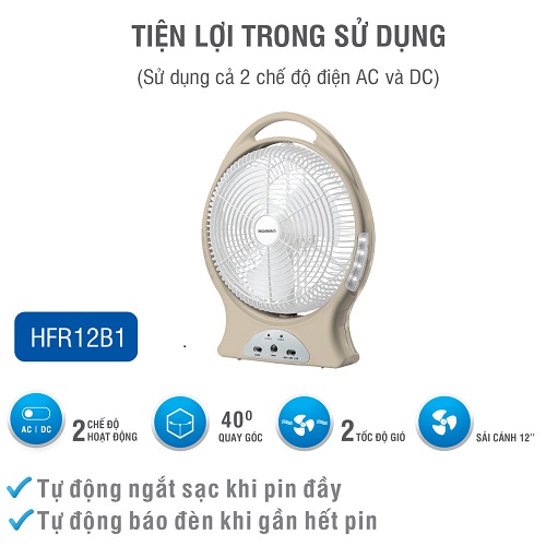 Quạt sạc tích điện chính hãng Roman tích hợp đèn LED - Sử dụng hai chế độ sạc tiện dụng - Quạt có thể  quay góc 40 độ HFR12B1