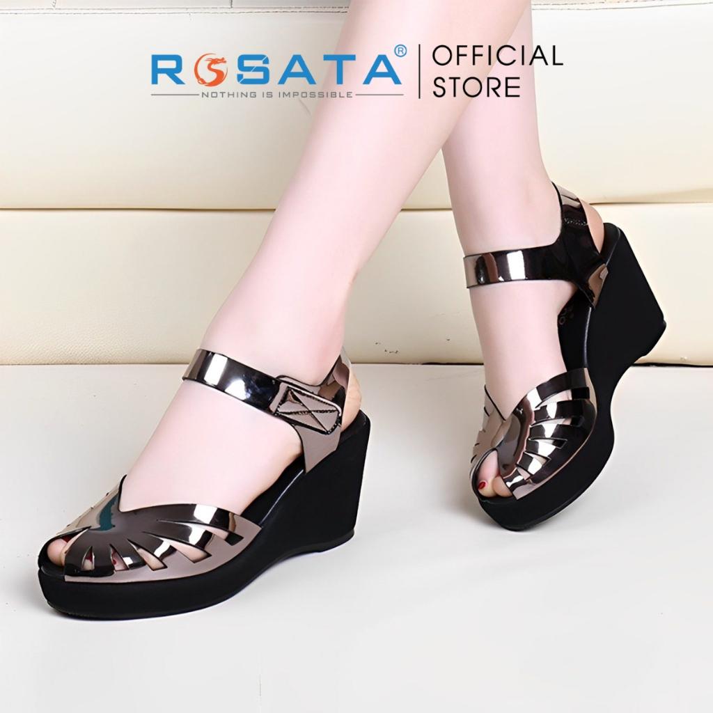 Giày sandal cao gót nữ ROSATA RO570 đế xuồng xỏ ngón mũi tròn quai dán hậu mảnh gót cao 6cm xuất xứ Việt Nam - Đen