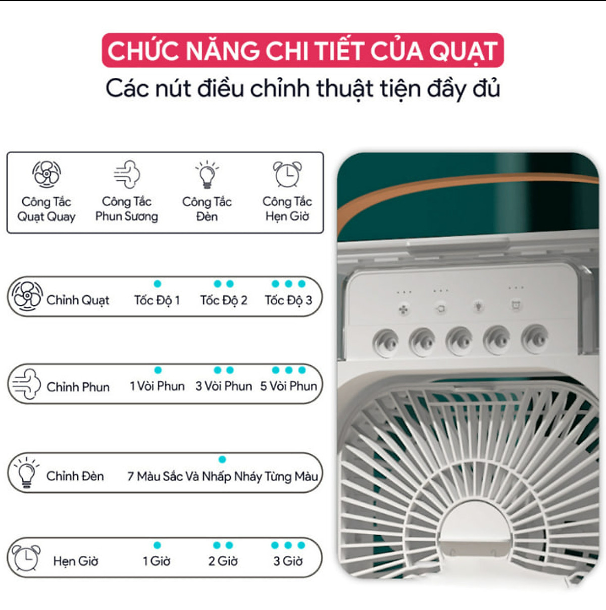 Quạt Hơi Nước Mini, Quạt Phun Sương Mini, Quạt Để Bàn 3 Chế Độ Tích Hợp Đèn Led Và Hẹn Giờ Sử Dụng, Màu Ngẫu Nhiên - Hàng Chính Hãng