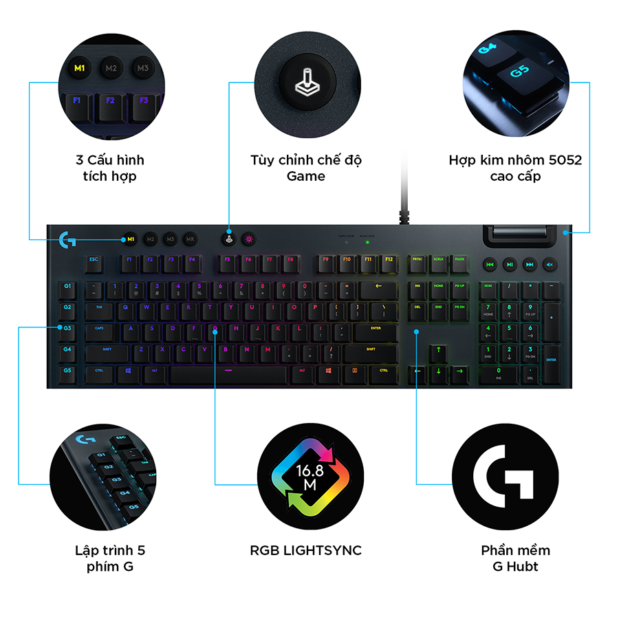 Bàn phím game cơ học RGB Logitech G813 - 3 loại switch cấu hình thấp, cổng USB 2.0, 5 nút lập trình, media chuyên biệt, RGB Lightsync - Hàng chính hãng