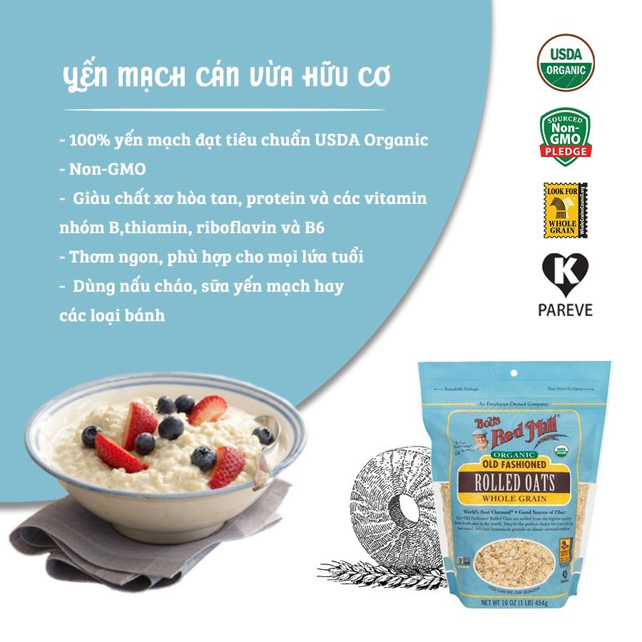 Yến mạch hữu cơ cán vừa Bob's Red Mill 454g