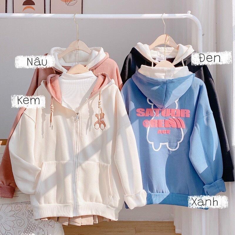 Áo Hoodie Nỉ Bông 2 NÓN THÊU GẤU Form Rộng FREE SIZE Unisex Ulzzang, Áo khoác hodie form rộng(có ảnh thật) có khoá kéo, Áo khoác nỉ ngoại chống nắng