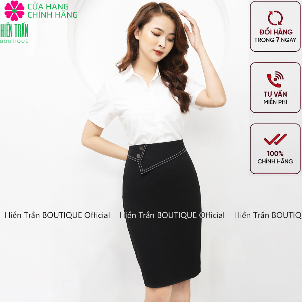 Chân váy bút chì Hiền Trần BOUTIQUE phối 2 khuy mạ crom sang trọng, quý phái, chất vải cao cấp