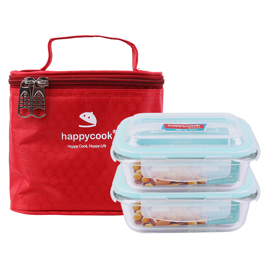 Bộ 2 Hộp Thủy Tinh Chữ Nhật Kèm Túi Giữ Nhiệt Happy Cook HCG-02R