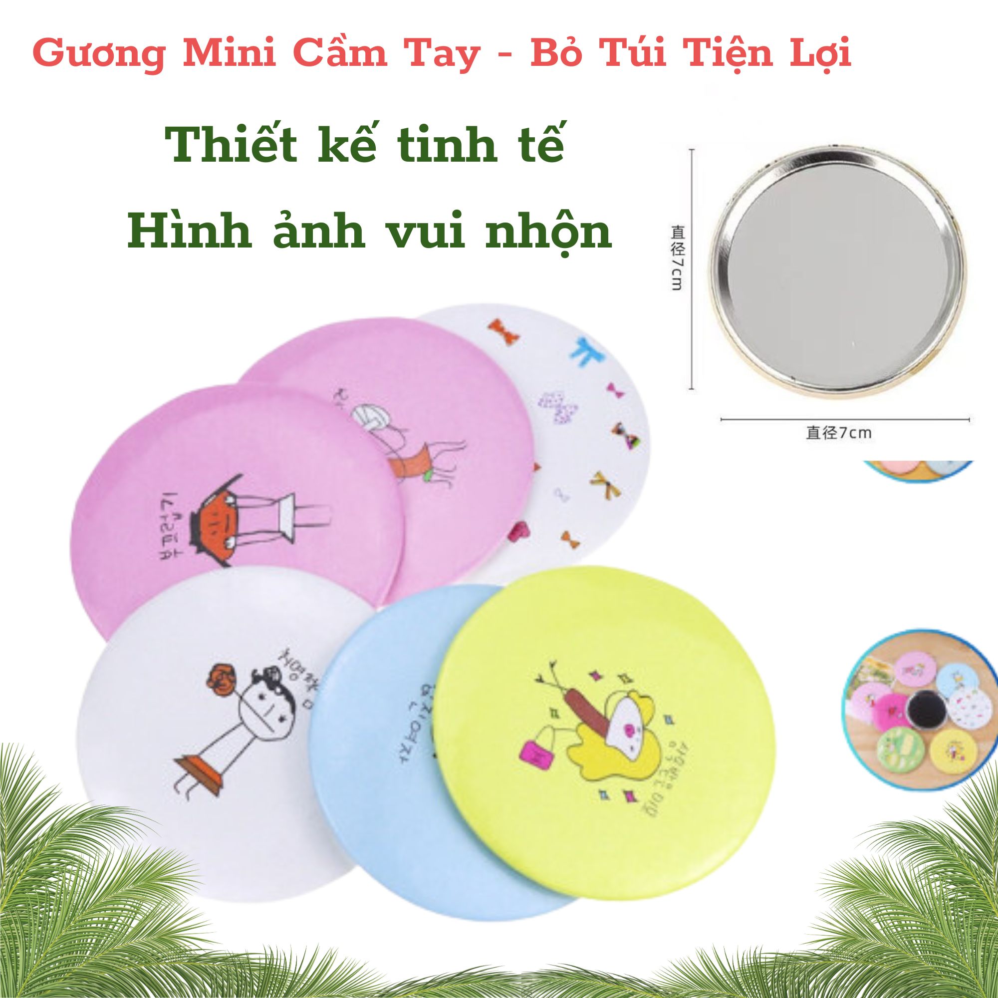 Gương Mini Tròn Cầm Tay Họa Tiết Dễ Thương, Phong Cách Hàn Quốc