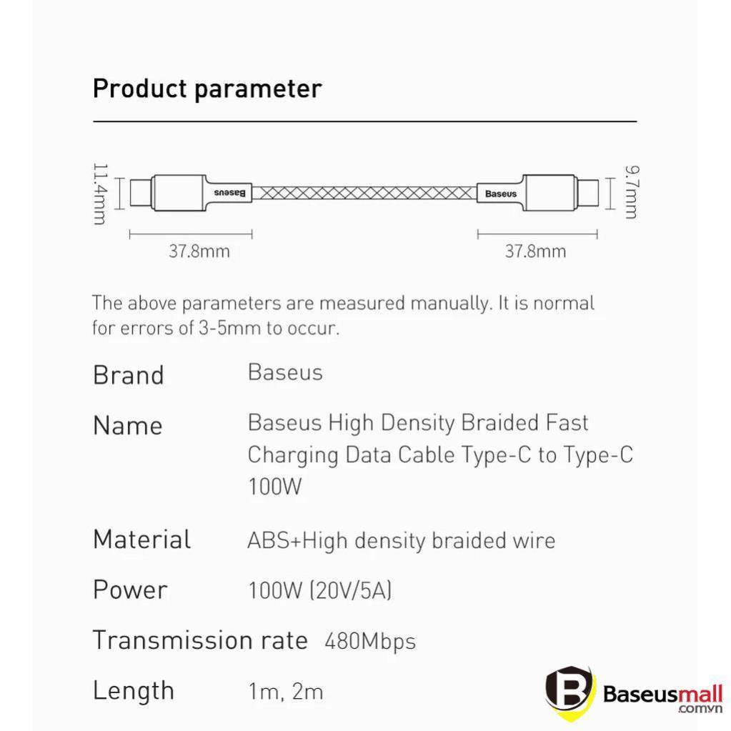 Baseus -BaseusMall VN Cáp sạc nhanh siêu bền C to C Baseus High Density Braided PD 100W (Hàng chính hãng