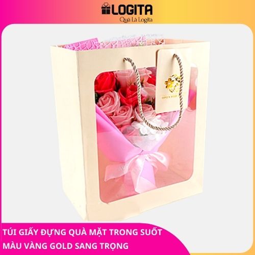 Túi Giấy Đựng Quà Mặt Trước Trong Suốt Màu Vàng Gold Sang Trọng