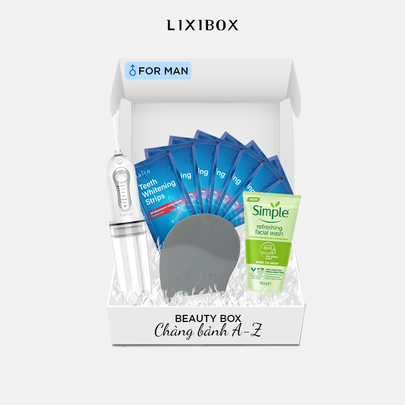 Beauty Box - Chàng Bảnh A-Z ( Combo Máy Rửa Mặt Halio Xám, Sữa Rửa Mặt Simple, Tăm Nước Halio, 7 Miếng Dán Trắng Răng Halio)