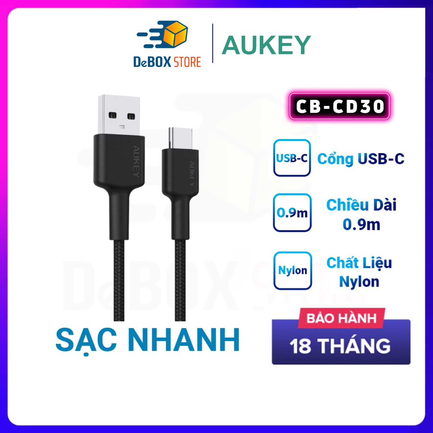 Cáp Sạc Siêu Nhanh AUKEY USB-A to USB-C CB-CD30 Dài 0,9m, Bọc Dù Cao Cấp - Hàng Chính Hãng