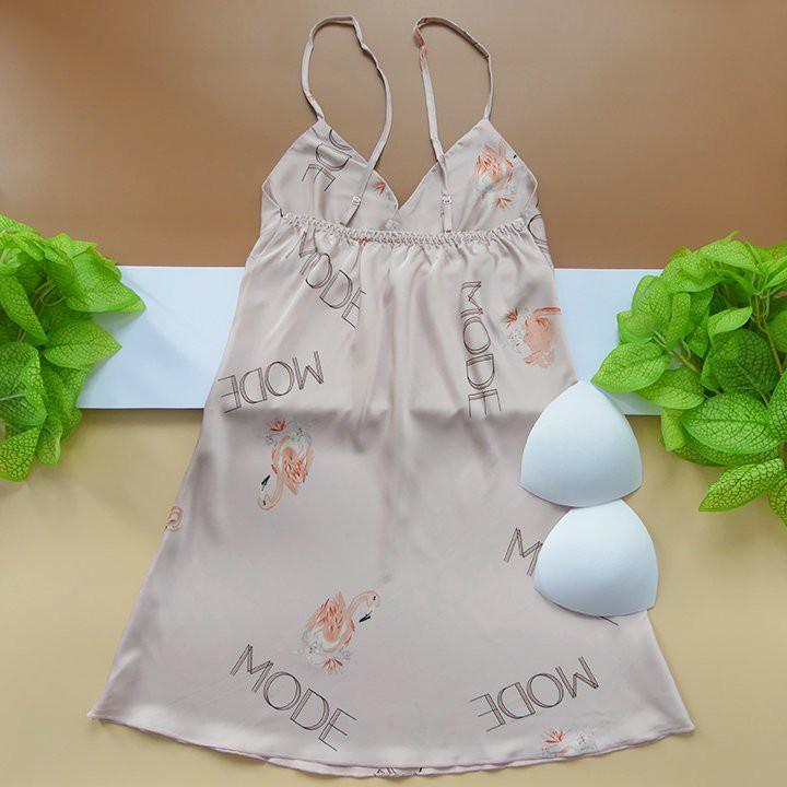 Váy ngủ lụa 2 dây hình hồng hạt xinh xắn có kèm mút ngực (màu trắng)