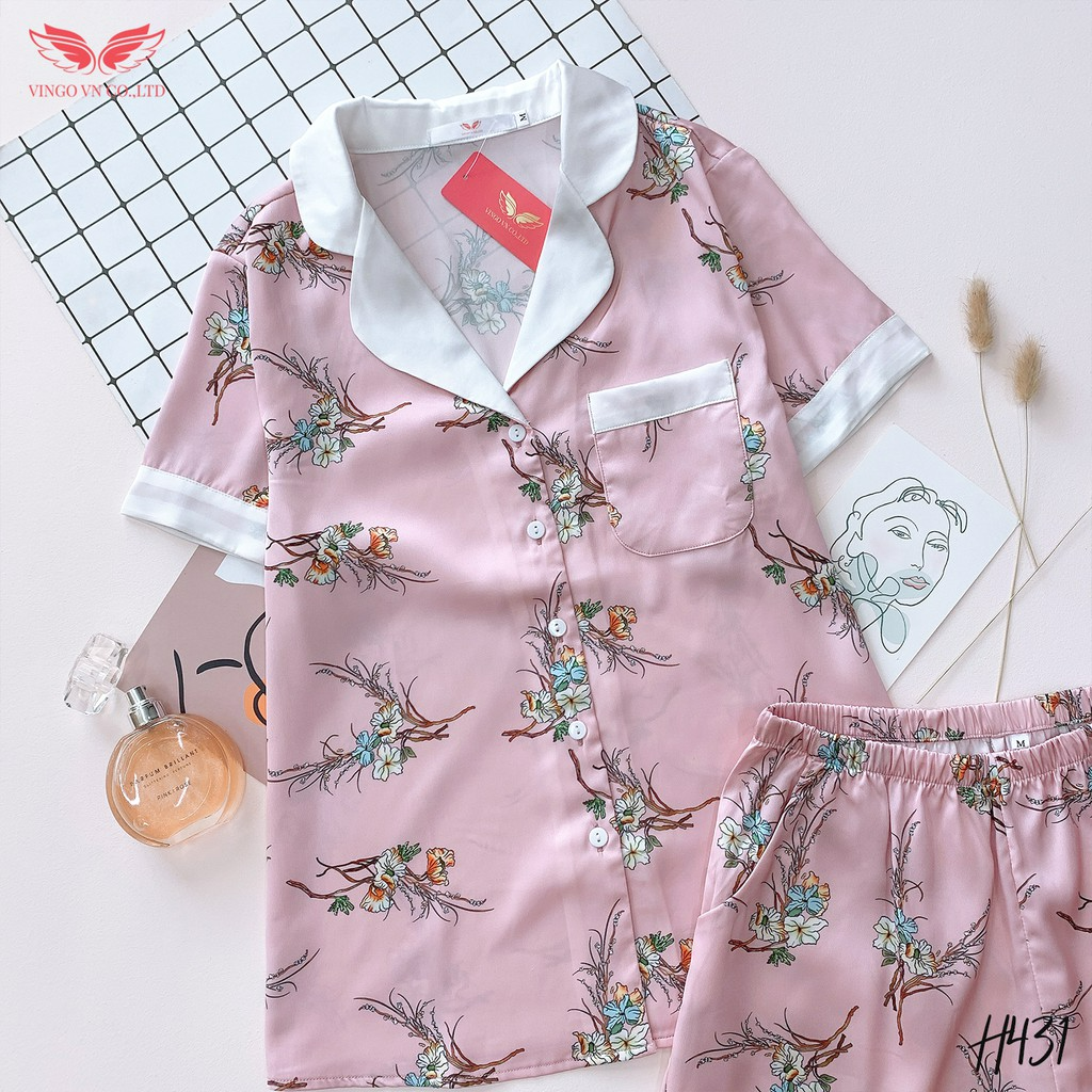 Bộ đồ Pijama VINGO lụa Pháp mát mẻ mặc nhà tay cộc quần cộc họa tiết cành hoa H431 VNGO - TCQC