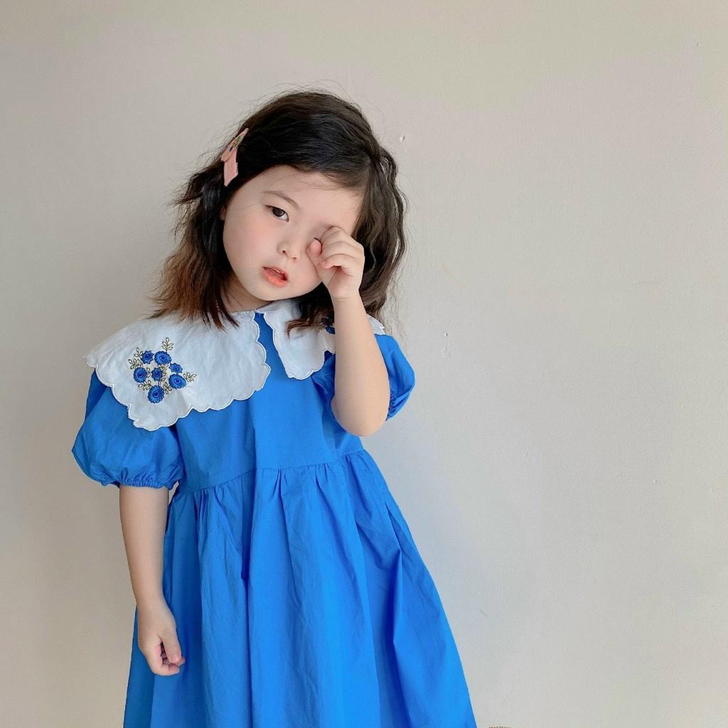 Đầm babydoll thêu hoa phong cách Hàn Quốc cho bé gái tone xanh size 12-35kg chất kate mềm mát