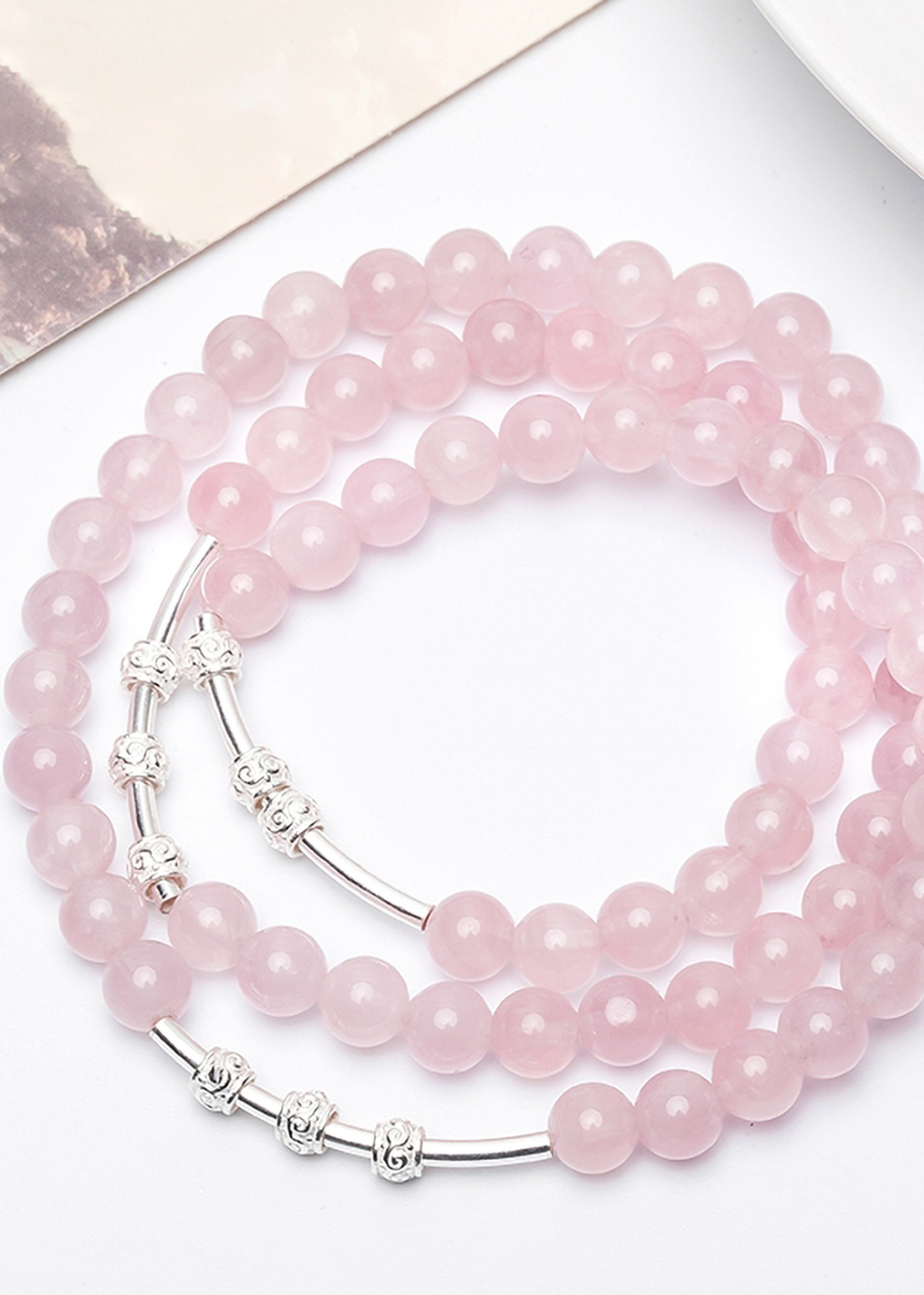 Vòng tay 3 line đá thạch anh hồng charm bạc mệnh hỏa, thổ - Ngọc Quý Gemstones