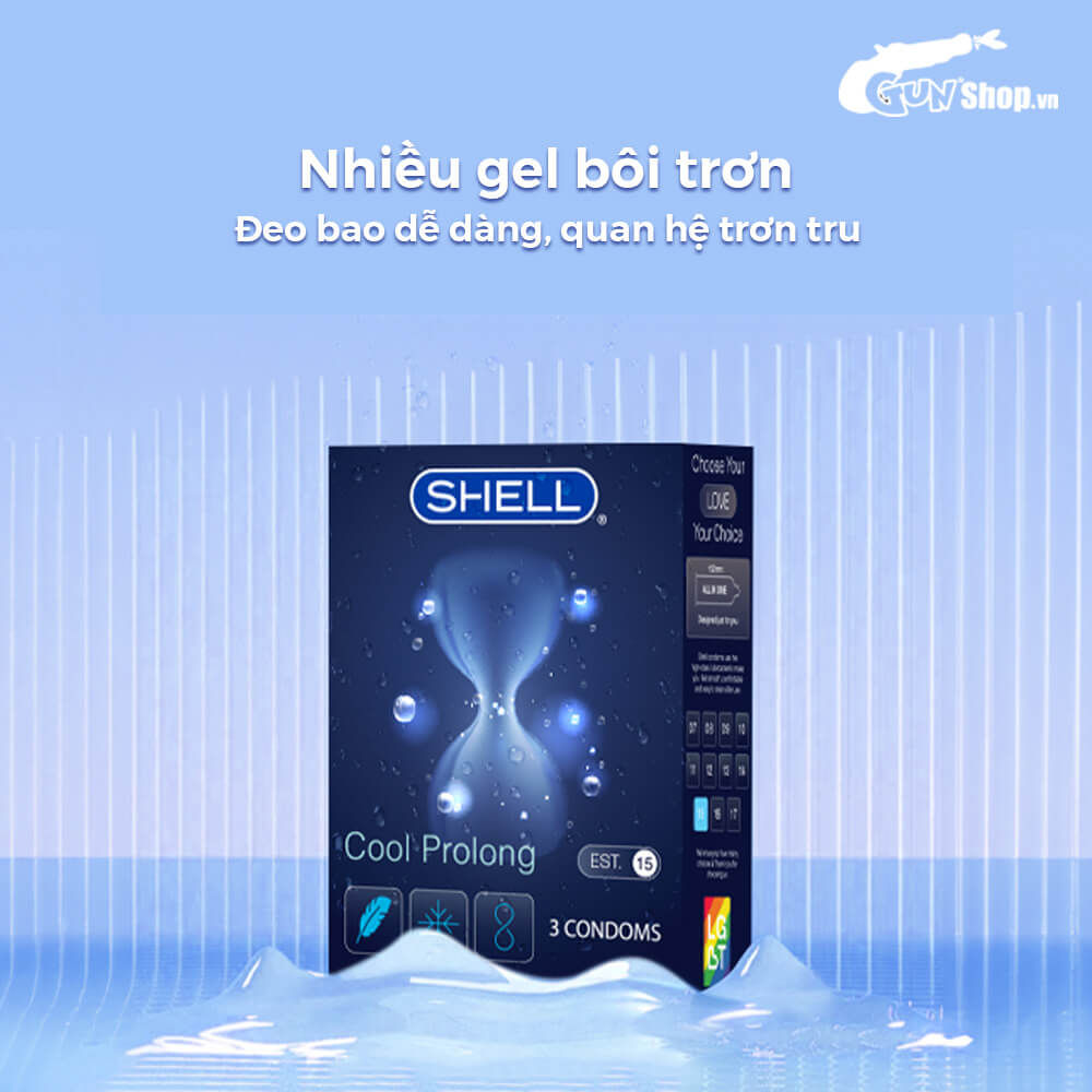 Bao cao su Shell Cool Prolong kéo dài thời gian, bạc hà mát lạnh - Hộp 3 cái