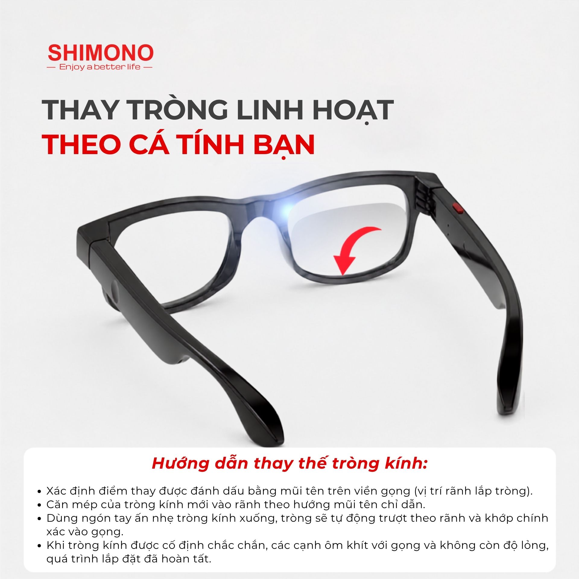 Kính Bluetooth SHIMONO AIMB V3 Nghe Nhạc Open Ear, Đàm Thoại Rảnh Tay, Chụp Ảnh Từ Xa, 2 Tròng Thay Hàng Chính Hãng