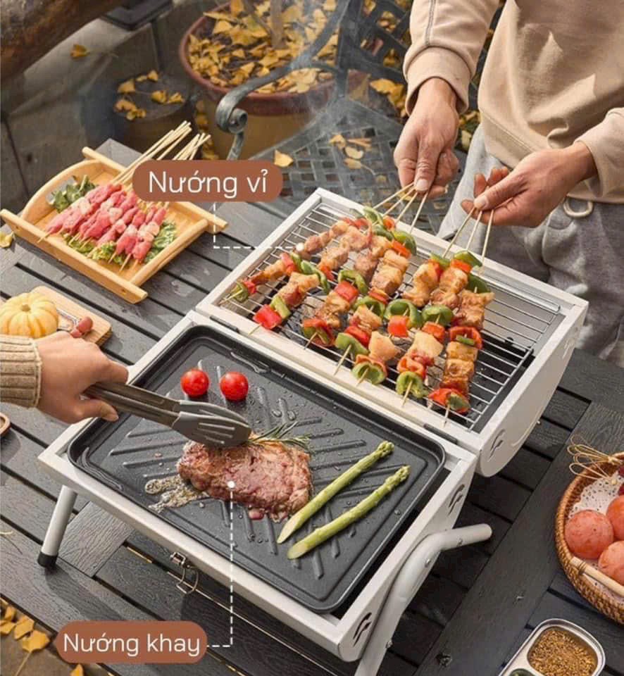 Bếp nướng than ngoài trời BBQ có ống khói, khay than, chất thép không gỉ siêu bền