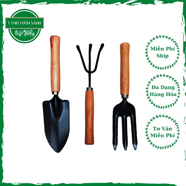 Bộ 3 dụng cụ làm vườn cán gỗ, đầu kim loại cao cấp rất bền và nhẹ ( Cào ba chia - Xẻng - Xới đất ) 