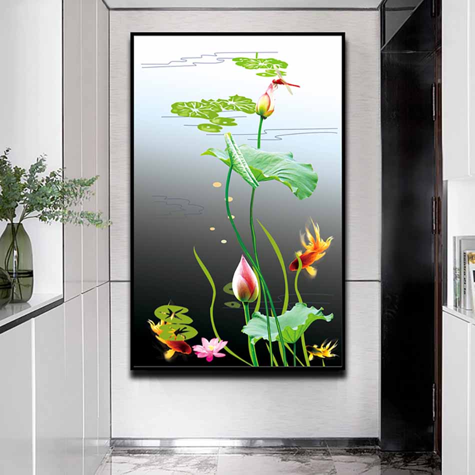 Tranh đơn canvas treo tường Decor Họa tiết đầm sen và cá vàng bơi lội - DC200