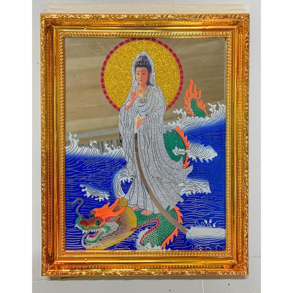 Tranh kiếng thờ mẹ Quan Âm đứng rồng - Khung nhựa cứng mạ vàng