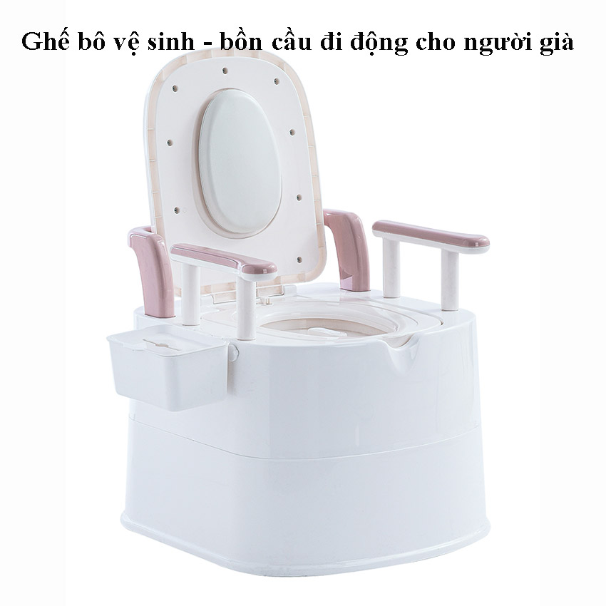 Bô cho người già - Bồn cầu di động CÓ TAY VỊN, TỰA LƯNG, NẮP KÉP NGĂN MÙI VÀ CHỐNG TRƯỢT BO QUANH  cho người già, phụ nữ mang thai, người bệnh khó vận động