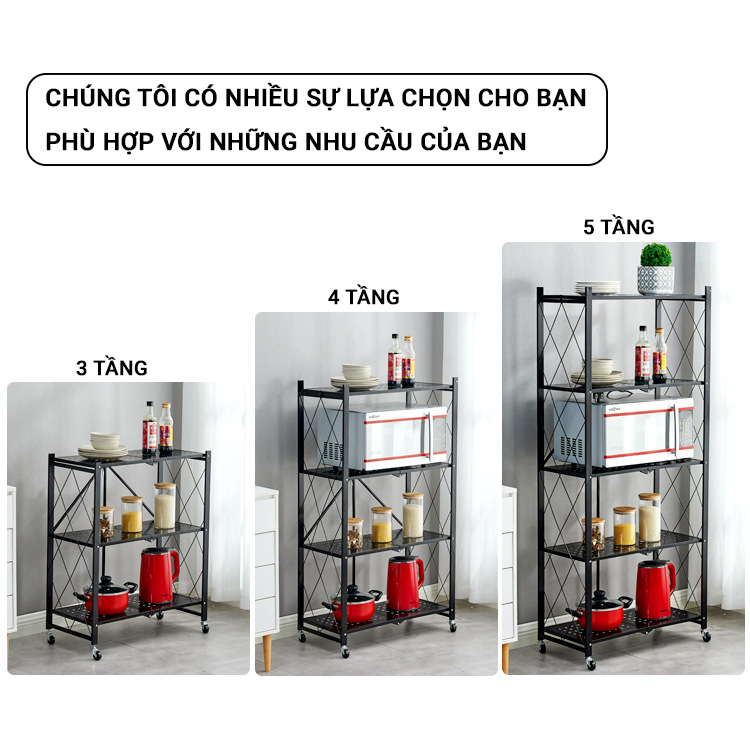 Kệ Để Đồ Gấp Gọn Thông Minh KUNBE Sơn Tĩnh Điện Cao Cấp Có Bánh Xe Xoay 360, Kệ Nhà Bếp 3 Tầng, 4 Tầng, 5 Tầng Để Cây Cảnh, Lò Vi Sóng, Giá Để Sách Đa Năng Trang Trí Nhà Cửa