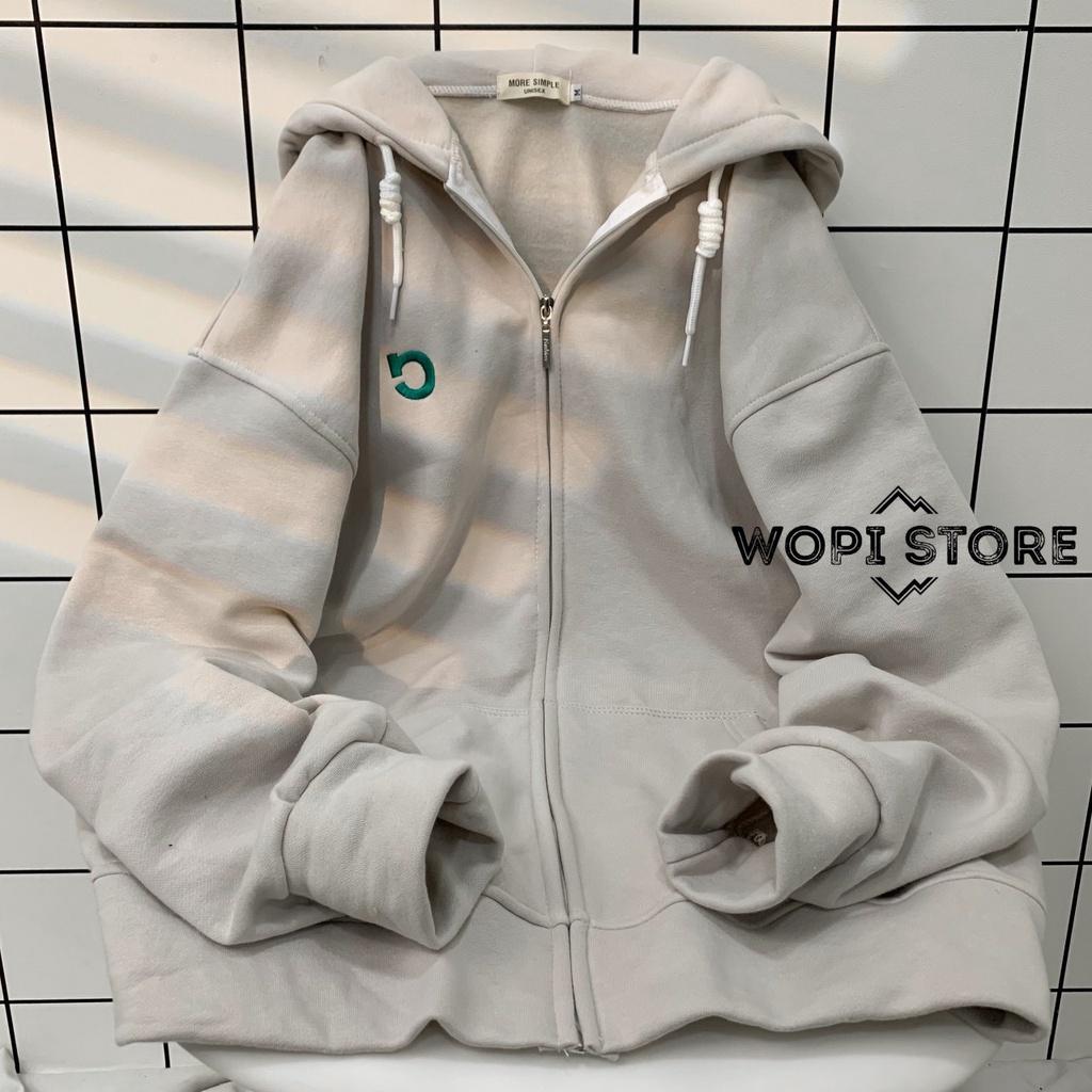 Áo Khoác Hoodie Thêu C Phối Zip Vải Nỉ Bông Form Rộng Ulzzang