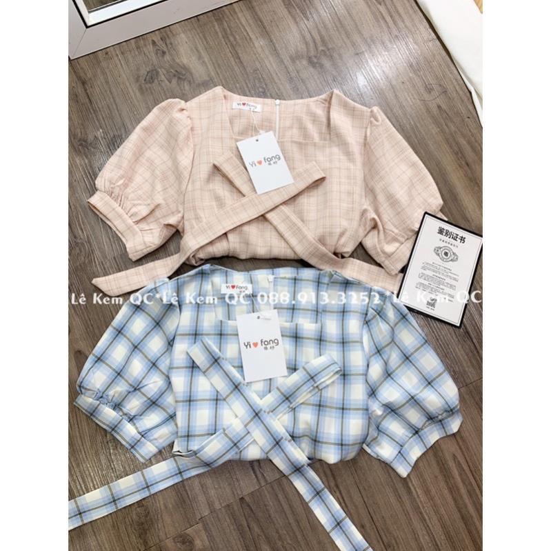Váy Kẻ Caro Váy Cổ Vuông Tay Bồng Vintage Có Thắt Eo ! *