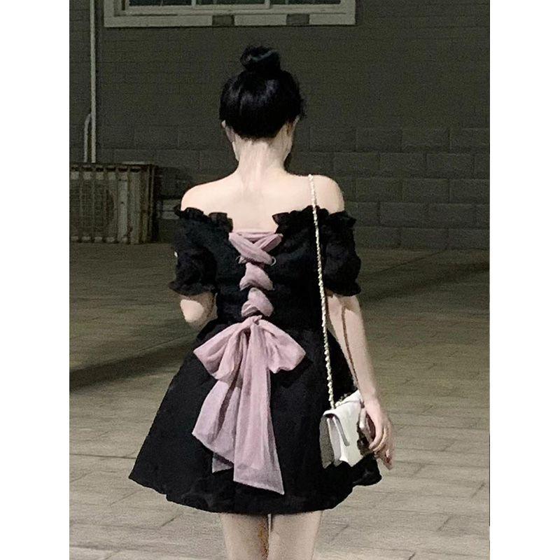 TOBE1SHOP Pháp vuông cổ ren-up lớn bowknot váy thắt lưng hiển thị gầy một chữ công chúa váy ngắn bong bóng tay áo mùa hè nhỏ
